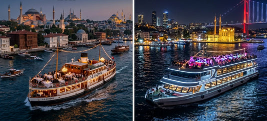 A comparison of the Bosphorus in Istanbul, highlighting its historic waterfront, landmarks and modern cityscape.